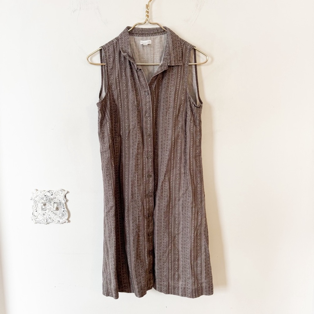 Garnet Hill Putty Brown Batik Stripe Linen Sleeveless Shirt Dress 8 - Picture 3 of 7